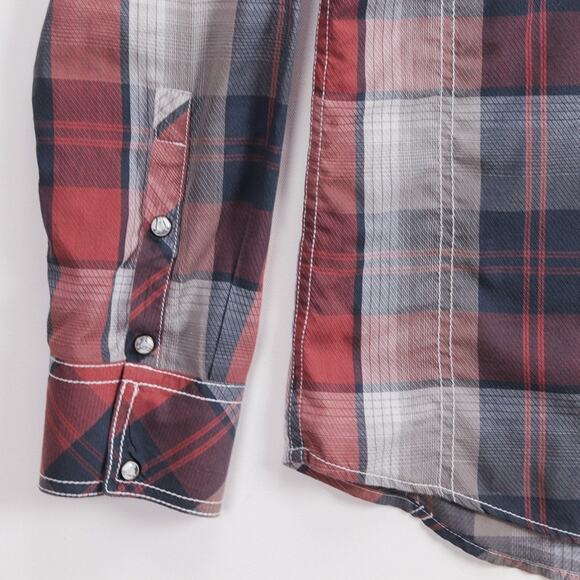 BKE Western Shirt Mens XL Tailored Fit Red Gray Plaid Contrast Stitch Pearl Snap - Picture 4 of 11